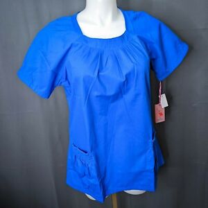 Koi Kathy Peterson Womens Scrub Top XL Blue Lily Pleated Neck Short Sleeve NEW