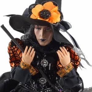 Halloween Victoriano Bruja Estante Cuidador Muñeca Figura Naranja Negro Vestido Escoba - Imagen 1 de 3