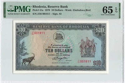 RHODESIA $10 Dollars 1979, P-41a, PMG 65 EPQ Gem UNC, Final Date, J/56 001811 SN - Image 1 of 2
