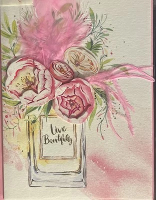 Papiro ~ Vive bellamente ~ Foral, Plumas, Gemas, 3D ~ Tarjeta de felicitación en blanco Foto 1 de 2