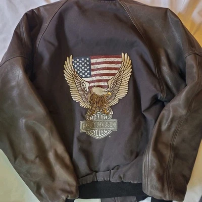 Vtg Harley Davidson Canvas Leather Lined Jacket Men S Eagle Embroidered USA Brow - Image 1 of 4