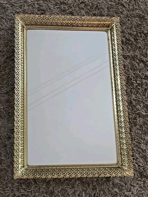 Vintage Hollywood Regency Gold Filigree Vanity Mirror Tray 18x12 Footed RETRO - Image 1 of 4