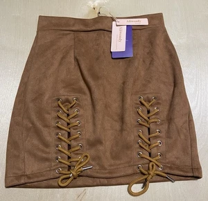Aliwendy Women's Small High Waist Lace Up Bodycon Faux Suede Mini Skirt in Brown - Picture 1 of 12