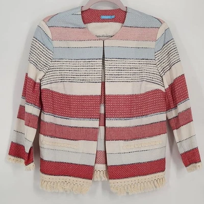 J.McLaughlin Women's Small Davis Fringe Tweed Jacket Hook Eye Red White Blue - Image 1 of 4