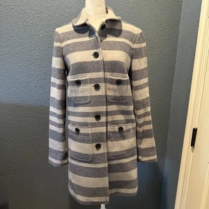 J.Crew Nello Gori Wollmischung Mantel mit Knöpfen grau/blau gestreift Größe 2 Stadion - Bild 1 von 11