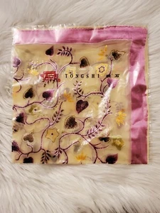 Tongshi Silk Scarf Flowers and Hearts Purple Gold 22x22 inches - Picture 1 of 5