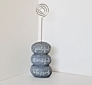 Gray Faux Stone Rustic Wire Picture Holder "grateful, thankful, blessed" - Picture 1 of 2