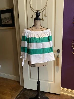 Blusa Jealous Tomato Kelly verde listra branca fora do ombro manga arcos arejados G - Imagem 1 de 4