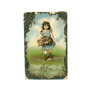 Tarjeta postal de cumpleaños P01A Victoriana niña en relieve dorado: 1¢ Franklin - publicada en 1909 - Imagen 1 de 3