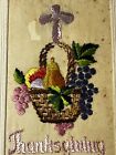 ANTIQUE SWISS EMBROIDERY Thanksgiving Greetings FRUIT BASKET Colorful ART Print
