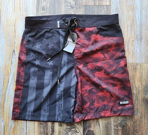NWT Freedom Industries USA Flag Camo Surf Board Shorts Trunk Red Black Men's XL - Picture 1 of 7