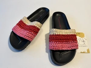 A / Anthropologie Pink, Red & White Knit Striped Slide Sandals, Size 7 - Picture 1 of 11