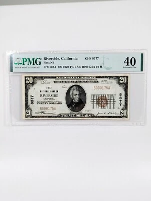 1929 $20 First National Bank Riverside California CA PMG 40 XF Low Serial# 0175A - Image 1 of 4