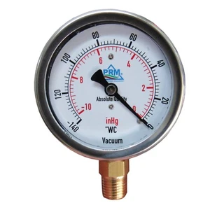 New PRM 0 to -140" WC / 0 to -10" HG Vacuum Gauge 2.5” SS Case ¼” NPT Bottom - Picture 1 of 3