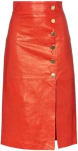 Womens Real Orange Leather Skirt Genuine Lambskin Midi Length Button Style - Picture 1 of 2