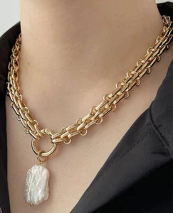 Freshwater Pearl Pendant Chunky Chain Vintage Elegant Baroque Pearls Necklaces - Picture 1 of 5