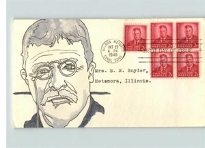 Hand Painted TEDDY ROOSEVELT, 1949 with 5 stamps, First Day of Issue - Picture 1 of 1