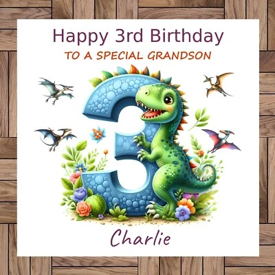 GB GIFT DESIGNS Personalised Dinosaur 3rd Birthday Card, For a 3 Year Old, Relative & Name