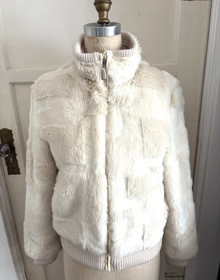 Vtg Y2K ESPRIT Ivory Faux Rabbit Fur Coat Lined Jacket S Fairy Softgirl Glam - Image 1 of 4
