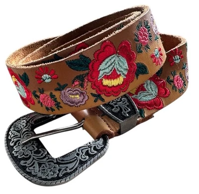 Free People Leather Embroidered Boho Western Floral Flowers Belt SMALL/MEDIUM - Image 1 of 4