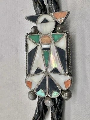 Corbata bolo vintage antigua peón navajo hecha a mano plata esterlina turquesa Thunderbird Foto 1 de 4