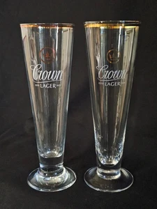 CROWN LAGER - Gold Rim & Crown - Beer Glass Flute - Set of 2 - 8" / 22cm Tall - Bild 1 von 3
