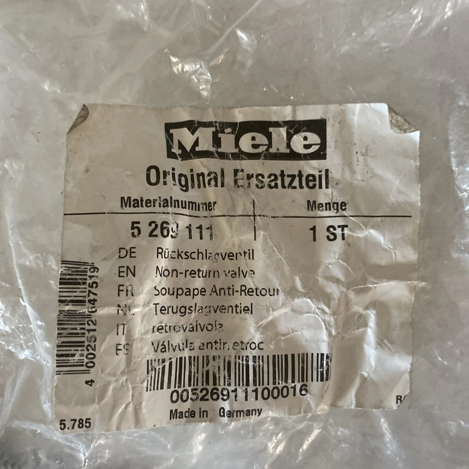 ¡Nuevo! Válvula antirretorno lavavajillas MIELE. Parte # 5269111 Foto 1 de 3