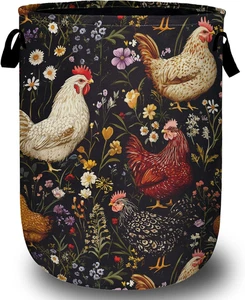Retro Rooster Flower Laundry Basket, Chicken Laundry Hamper Tote Bag Dirty Cl... - Picture 1 of 7
