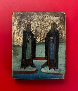 Antiguo Icono Ruso Ortodoxo Católico Pintado a Mano Santos Zósima y Salvatiy - Imagen 1 de 7
