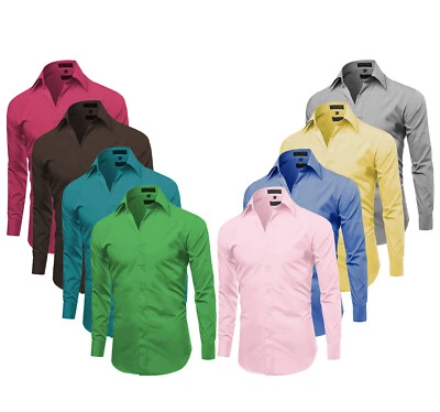 Camisa de vestir para hombre calce ajustado clásica con botones manga larga color liso manga larga Foto 1 de 2