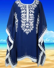 Hand Embroidered Blue kaftan, Hippie Gypsy Short Indian Tunic Beach Dress S-XL