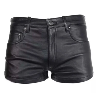 Мужские кожаные шорты черный повседневный 5 карманов молнии мухи корова кожи тренажерный зал шорты - Изображение 1 из 2