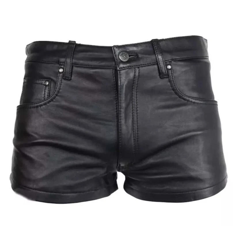 Pantalones Cortos de Cuero para Hombre Negros Informales 5 Bolsillos Cremallera Mosca Cuero de Vaca Gimnasio Pantalones Cortos Foto 1 de 2