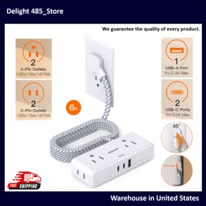 Ultra Thin Flat Plug Power Strip Multi Outlet 7in1 with USB Ports Extension Cord - Picture 1 of 17