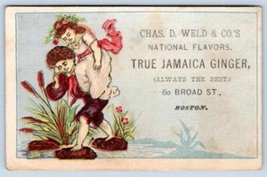 TRUE JAMAICA GINGER*CHAS WELD & CO*NATIONAL FLAVORS*BOSTON*VICTORIAN TRADE CARD - Picture 1 of 2