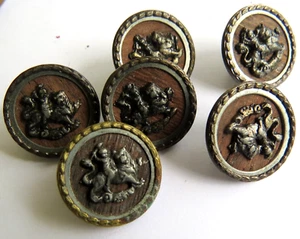 6 Antique Satyr RIDING the LION ~ Pewter Cupid Angel Putti Picture Metal Buttons - Picture 1 of 5