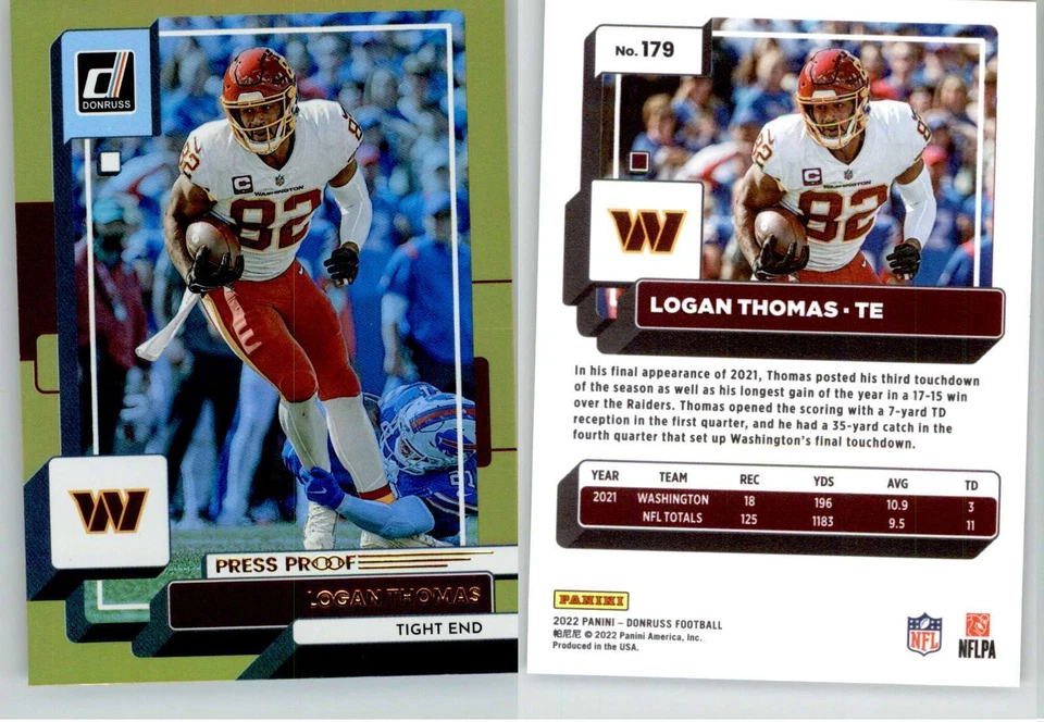 Logan Thomas 2022 Donruss Premium Press Proof Gold #179 Commanders - Image 1 of 1