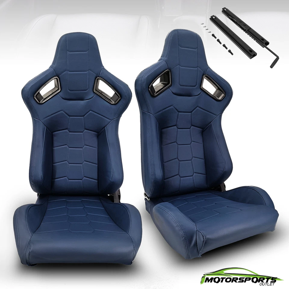 JDM Reclinable Premium PVC Main Blue Racing Seats Slider Car Seats Pair - Image 1 of 4