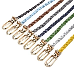 Women Solid Gold Metal Pin Buckle Braided Woven Belt Faux Leather Slim Waistband - Picture 1 of 19