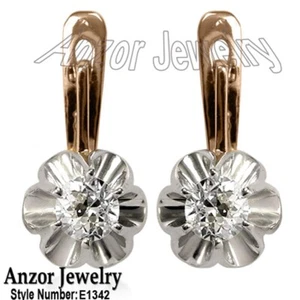 Genuine 1.0cwt White Sapphire 14k Solid Rose & White Gold Earrings - Picture 1 of 4