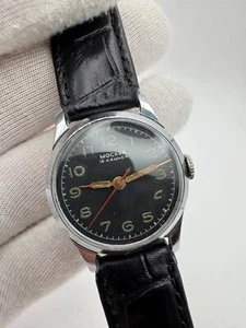 Vintage UdSSR Soviet Era Moskva Pobeda 1MchZ 16 Jewels Black Dial Chrome Case - Bild 1 von 8