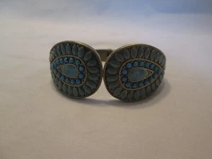 Turquoise Beaded & Enamel Snap Hinge Bracelet Brushed Brass Tone Western Style - Picture 1 of 8