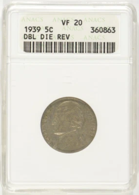 1939 Jefferson Nickel 5c ANACS VF20 DDR Doubled Die Reverse Monticello 360863 - Image 1 of 4