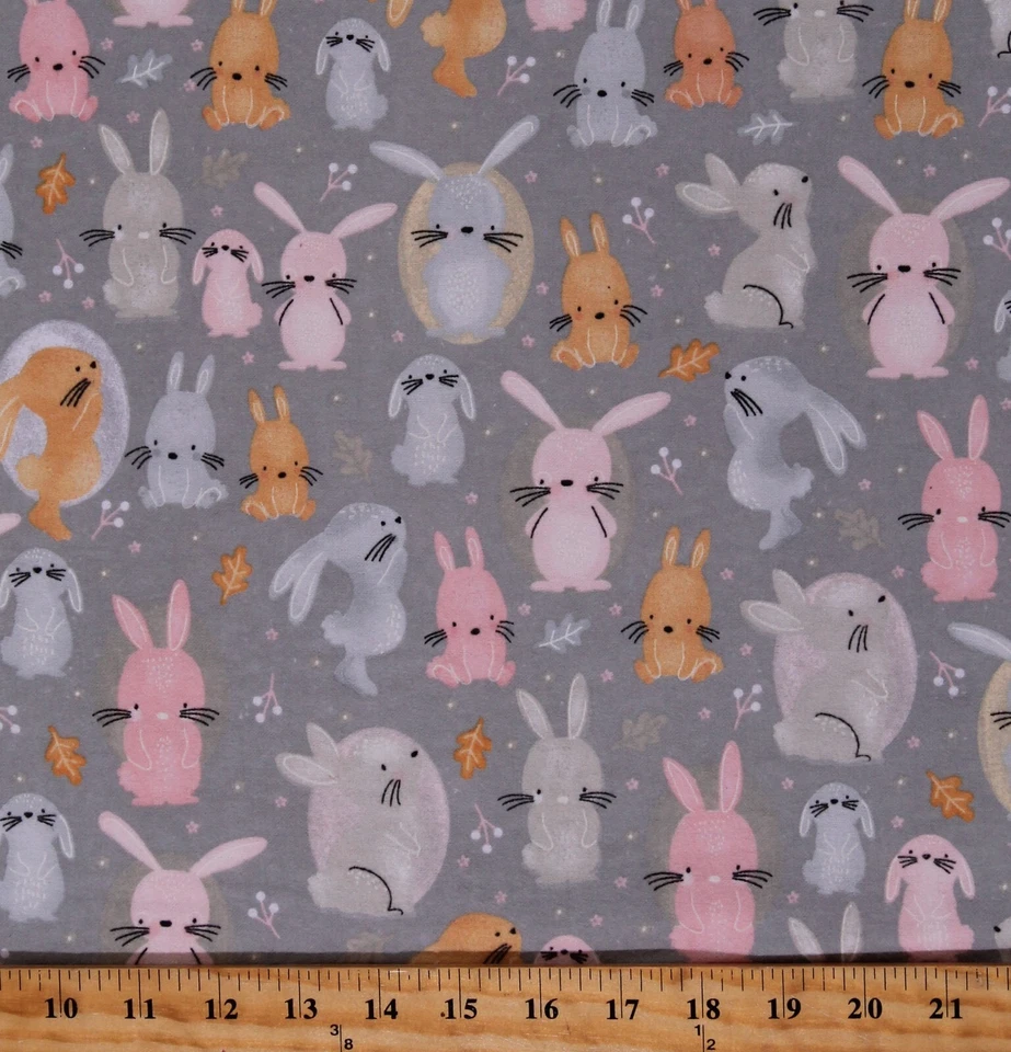 Flannel Bunnies Bunny Rabbits Animals Easter Gray Fabric by the Yard D278.40 - Image 1 of 1