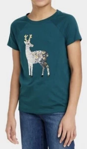 Cat & Jack Girls Short Sleeve Reindeer Flip Sequin T-Shirt Green Size XL (14/16) - Picture 1 of 7