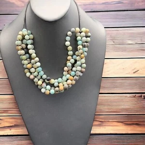 Vintage Necklace  Leather Chain 18” Boho Turquoise Color Amazonite Stone - Picture 1 of 13
