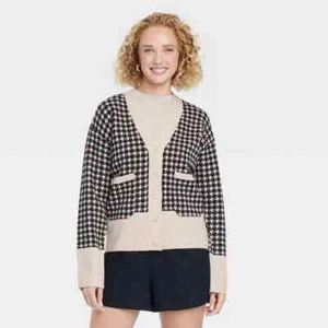 A New Day Women's Size 3X Cozy Knit Everyday Cardigan Taupe Houndstooth - Picture 1 of 3