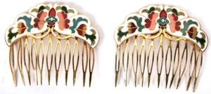 Two Vintage Cloisonné Hair Combs White Enamel Floral Butterfly Design - Picture 1 of 5
