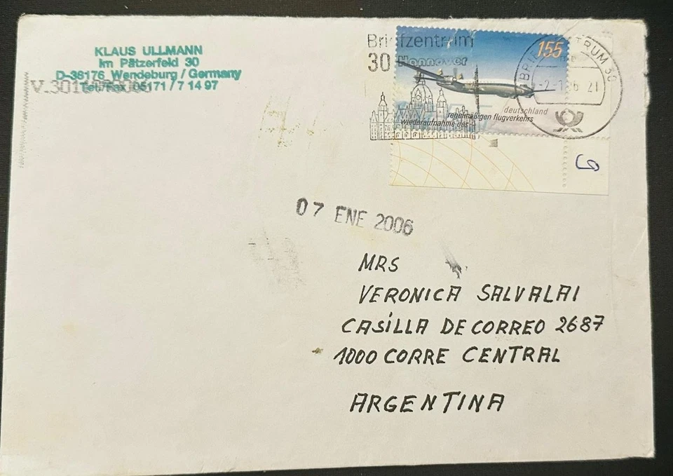 CM) 2006. GERMANY. AIRPLANE. COVER MAILED TO ARGENTINA. XF - Image 1 of 1