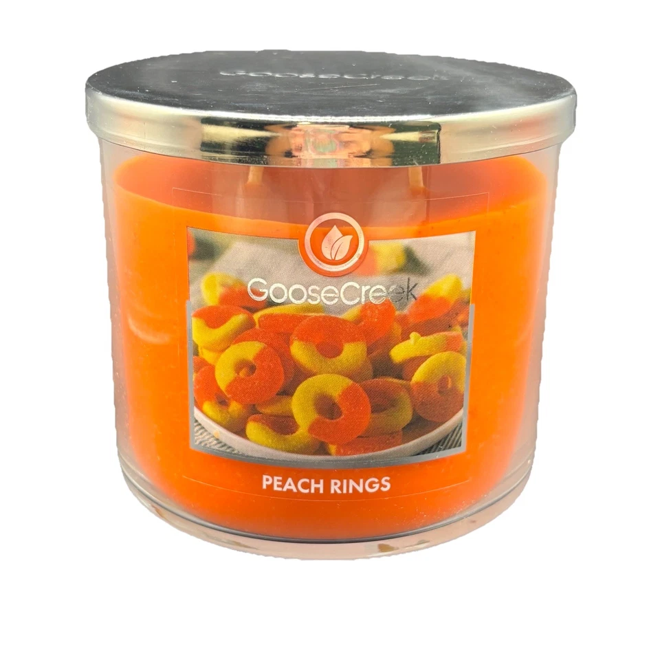 鹅溪桃子戒指3芯蜡烛14.5盎司罐子水果糖果甜大豆蜡 — 第 1/4 张图片